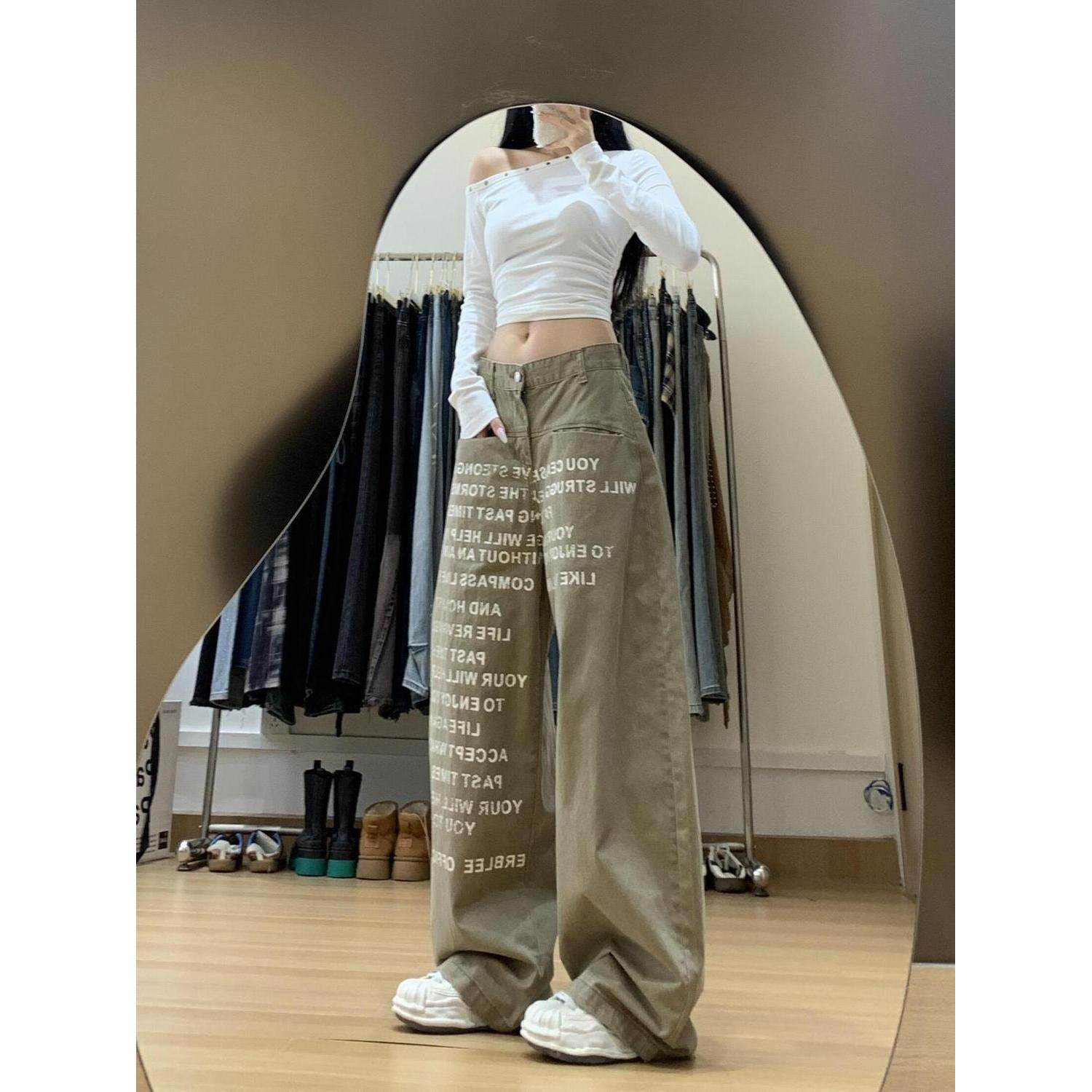 美式复古辣妹字母弯刀印花牛仔裤春秋新款设计宽松显瘦阔腿拖地裤,女装/女士精品,牛仔裤,淘宝优惠券,粉丝福利购,淘宝优惠卷