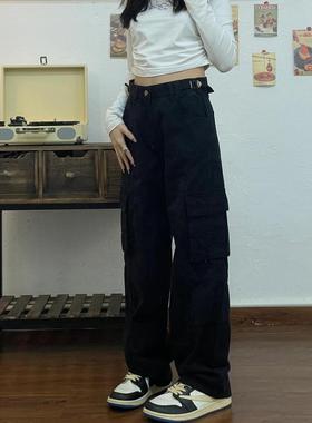 美式黑色工装阔腿牛仔裤女春秋高街新款复古宽松显瘦直筒拖地裤子