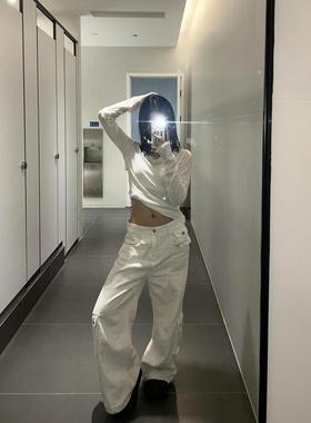 美式口袋白色工装牛仔裤春秋季新款高腰宽松阔腿显瘦直筒拖地裤子