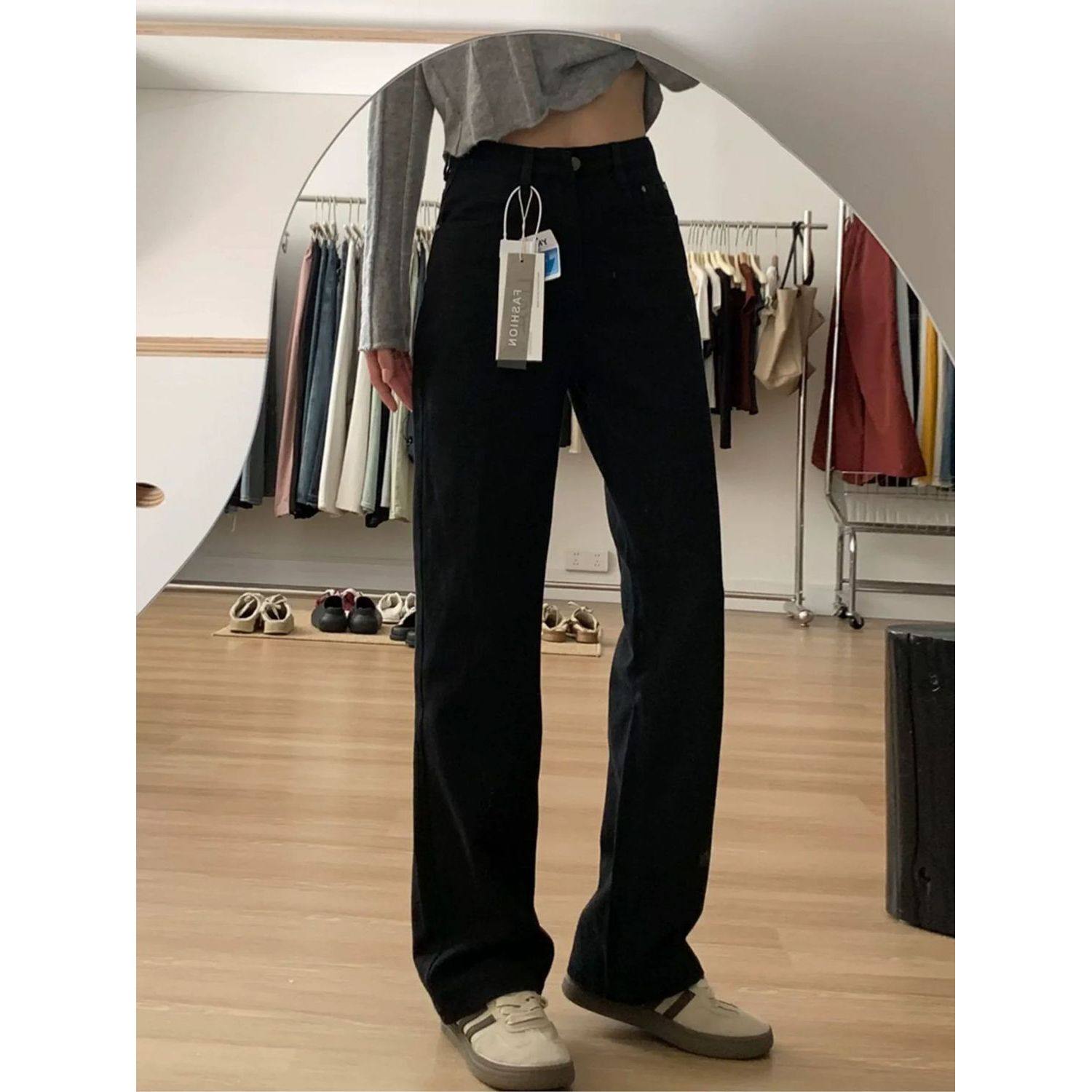 黑色牛仔裤女春秋季高腰新款宽松显瘦小众直筒窄版拖地裤子ins