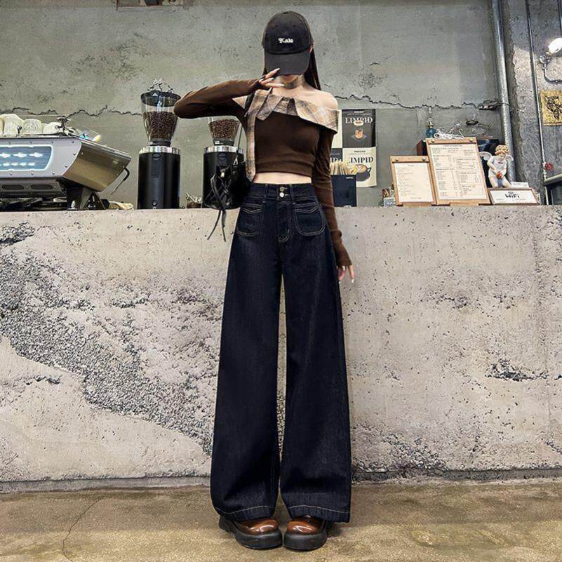 美式深蓝色双扣阔腿牛仔裤女2026春季宽松高腰新款显瘦通勤拖地裤