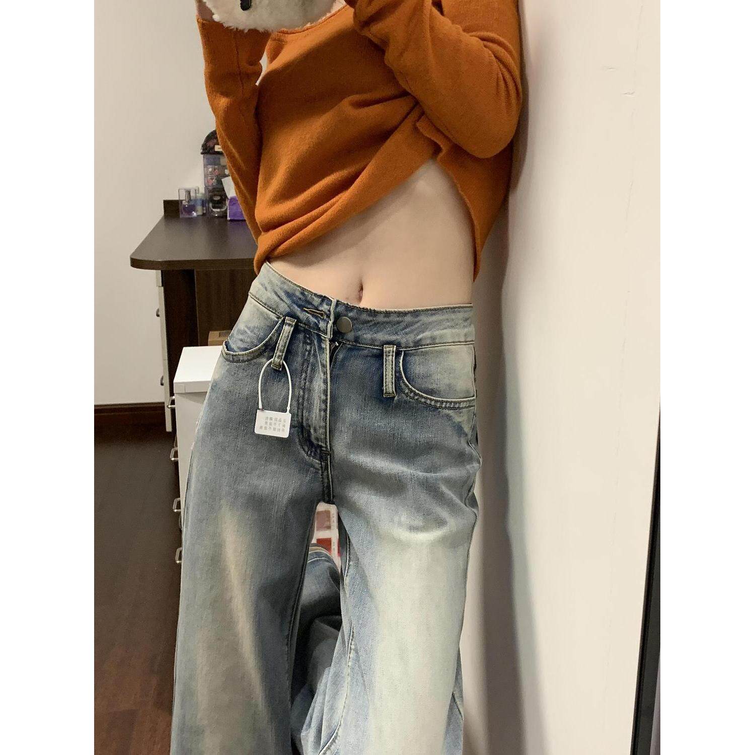 美式高街复古蓝微喇牛仔裤女春秋季低腰新款辣妹显瘦不贴腿喇叭裤