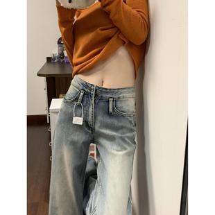 美式高街复古蓝微喇牛仔裤女春秋季低腰新款辣妹显瘦不贴腿喇叭裤
