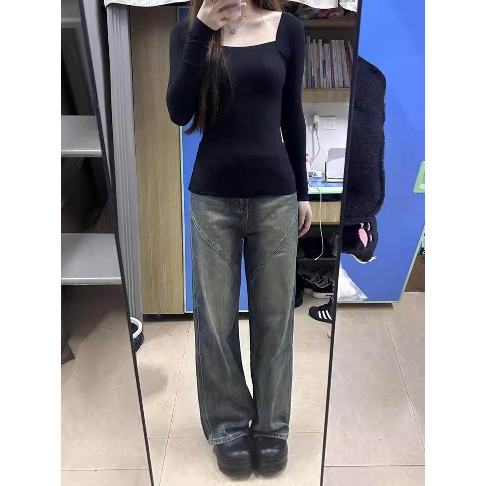 美式复古浅色微喇牛仔裤新款春季设计阔腿高腰宽松显瘦直筒拖地裤