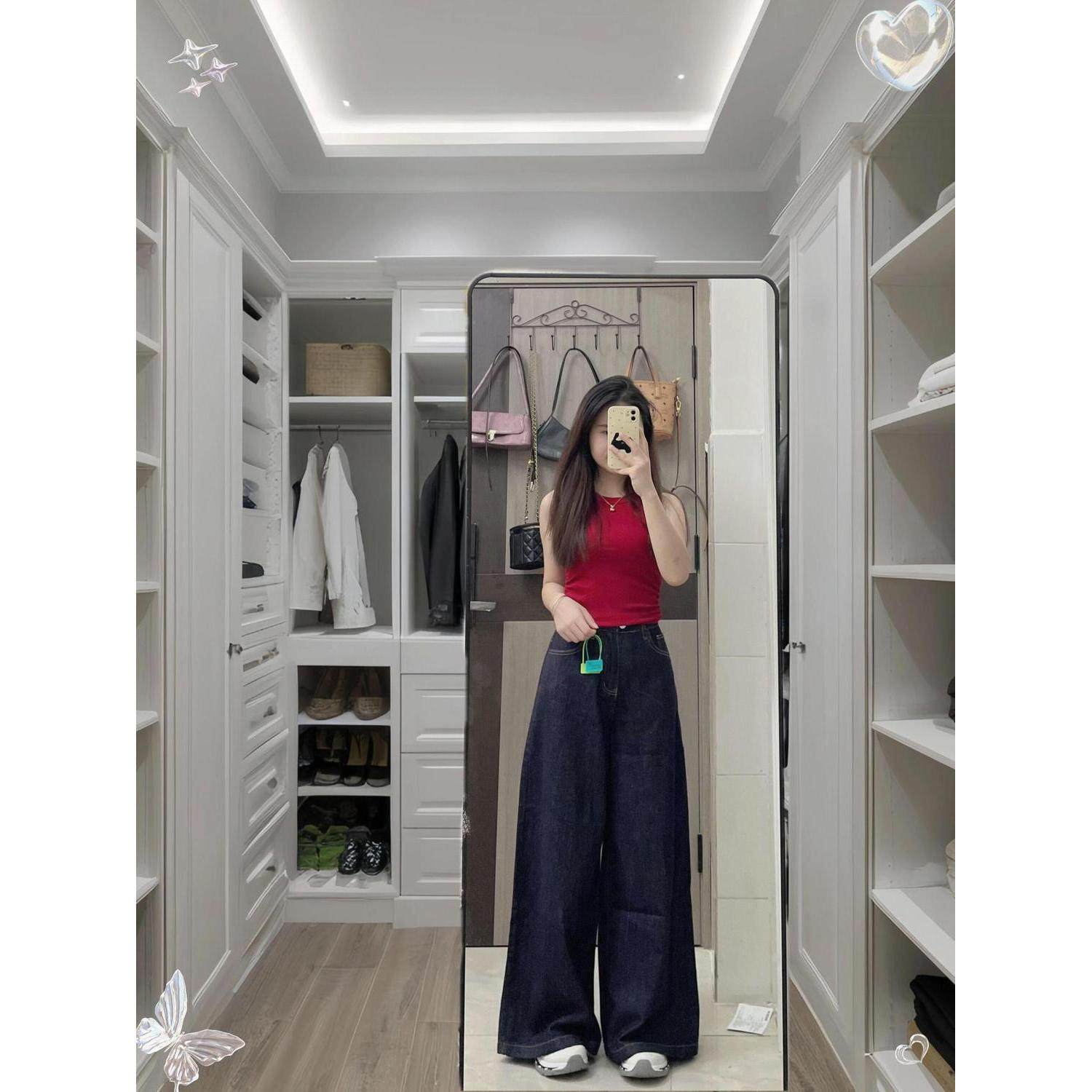 美式复古蓝色阔腿牛仔裤女春秋季新款宽松显瘦高腰垂感拖地长裤潮