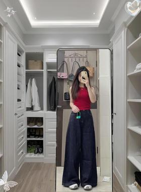 美式复古蓝色阔腿牛仔裤女春秋季新款宽松显瘦高腰垂感拖地长裤潮