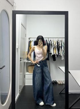 美式复古水洗弯刀阔腿牛仔裤女春秋宽松新款高腰显瘦拖地裤子ins