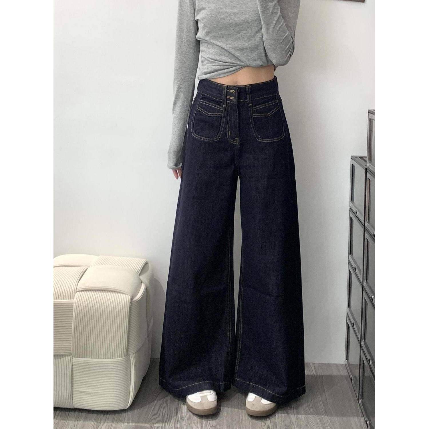 美式设计丹宁双扣牛仔裤女春秋新款高腰宽松显瘦垂感阔腿拖地裤子,女装/女士精品,牛仔裤,淘宝优惠券,粉丝福利购,淘宝优惠卷