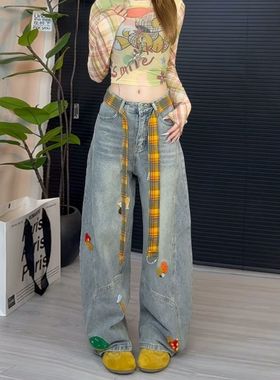 美式复古刺绣卡通毛巾牛仔裤女春秋新款设计宽松显瘦弯刀阔腿拖地