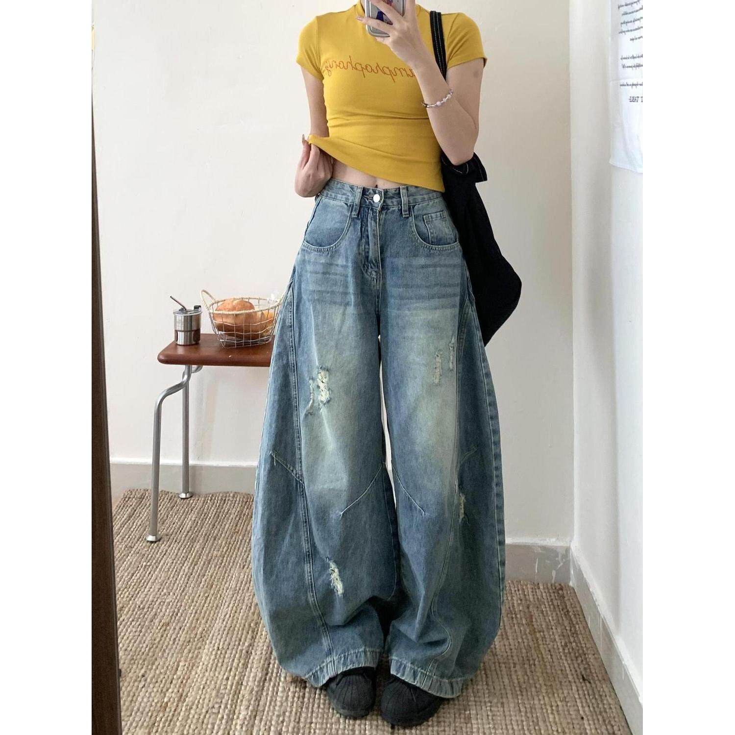 美式复古破洞牛仔裤女春秋新款设计弯刀拼接高腰宽松显瘦阔腿拖地,女装/女士精品,牛仔裤,淘宝优惠券,粉丝福利购,淘宝优惠卷