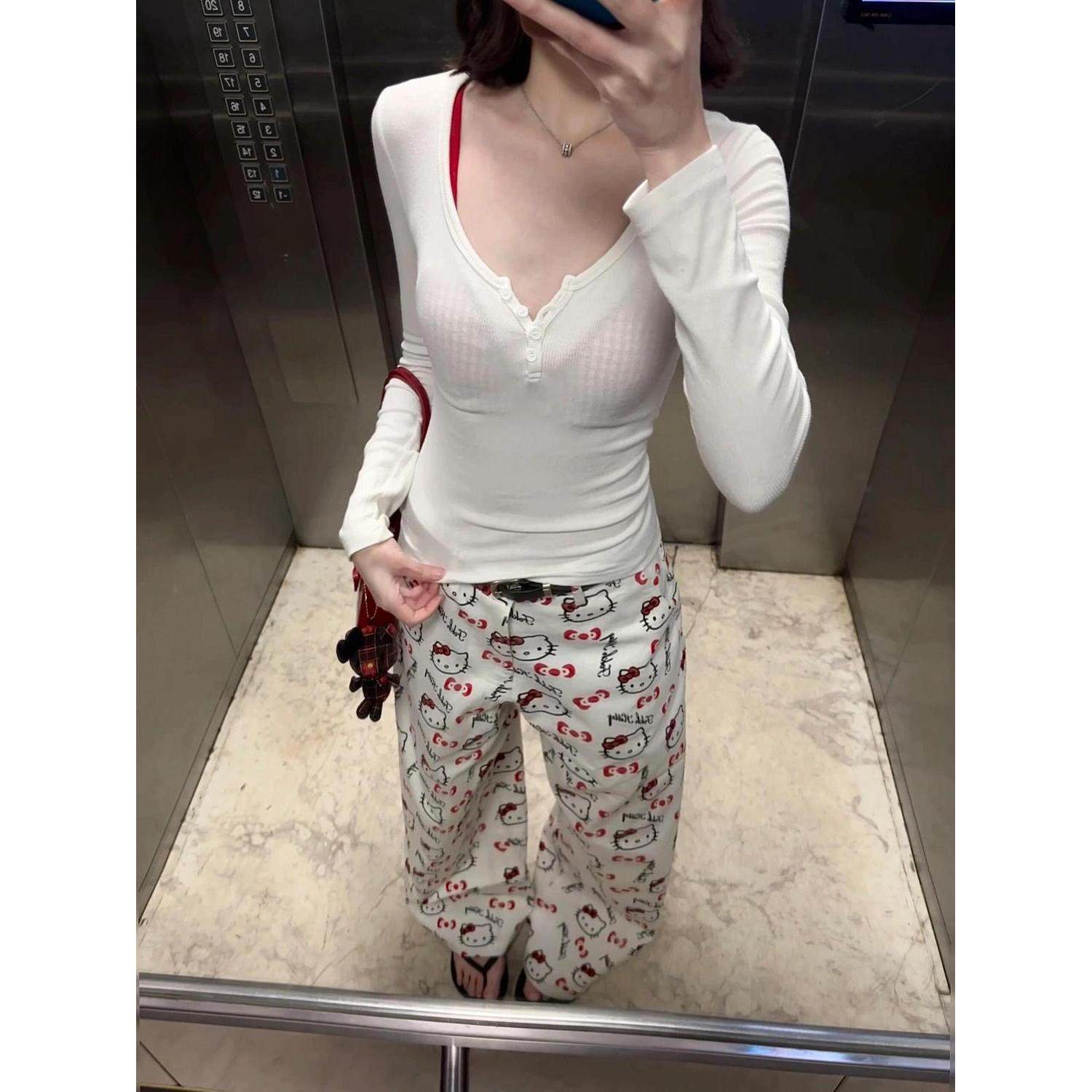 卡通kitty猫咪印花牛仔裤女春夏新款高腰宽松显瘦百搭直筒阔腿裤