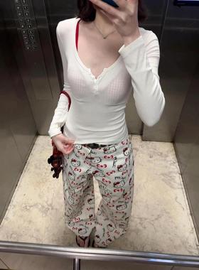 卡通kitty猫咪印花牛仔裤女春夏新款高腰宽松显瘦百搭直筒阔腿裤