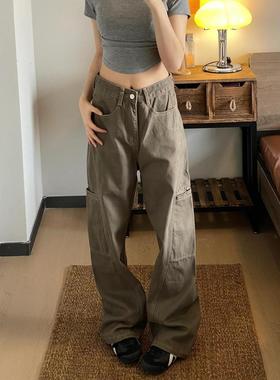 美式复古工装裤灰色牛仔裤女春秋新款宽松设计显瘦直筒阔腿拖地裤