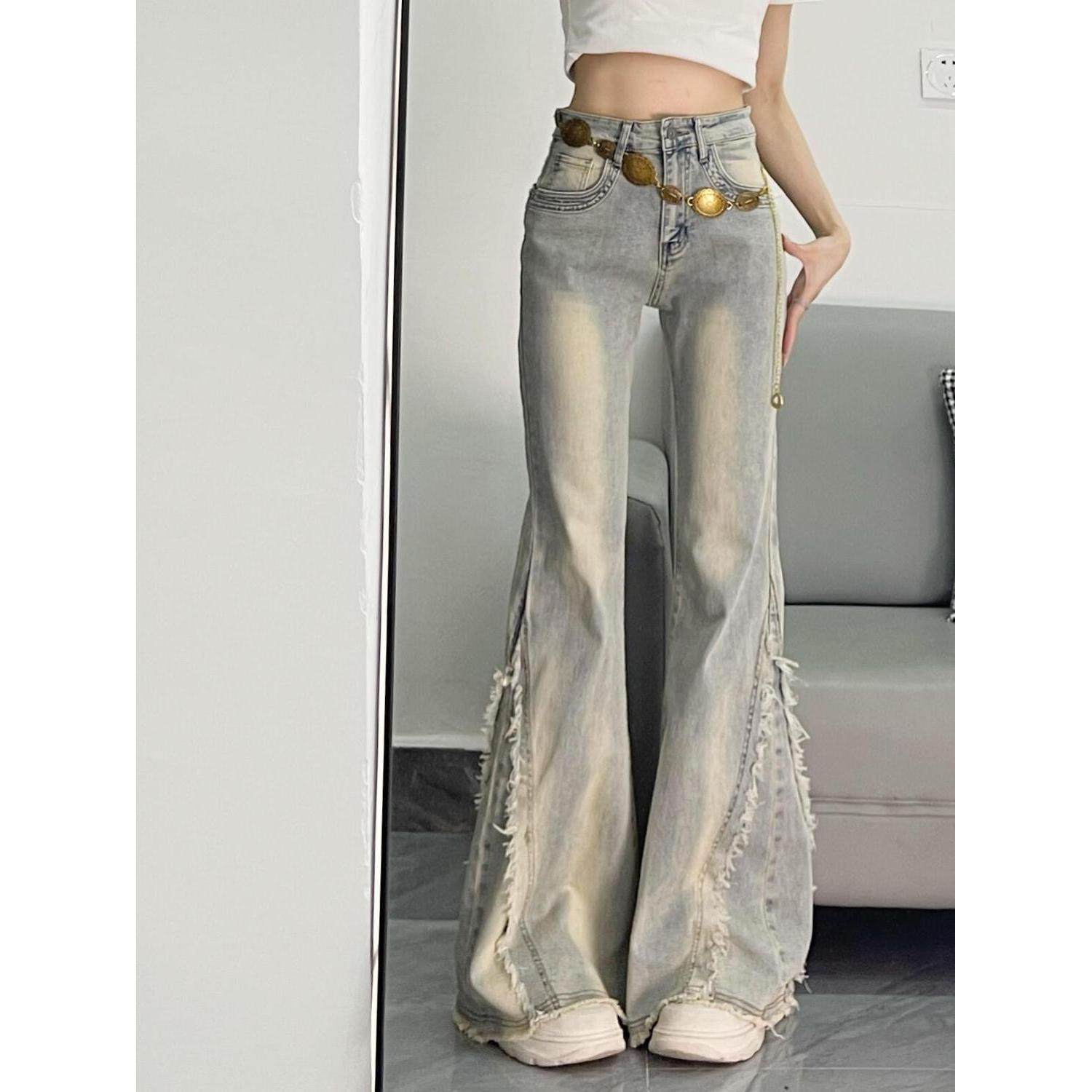 美式复古毛边拼接微喇牛仔裤春秋新款高腰辣妹修身显瘦马蹄喇叭裤,女装/女士精品,牛仔裤,淘宝优惠券,粉丝福利购,淘宝优惠卷