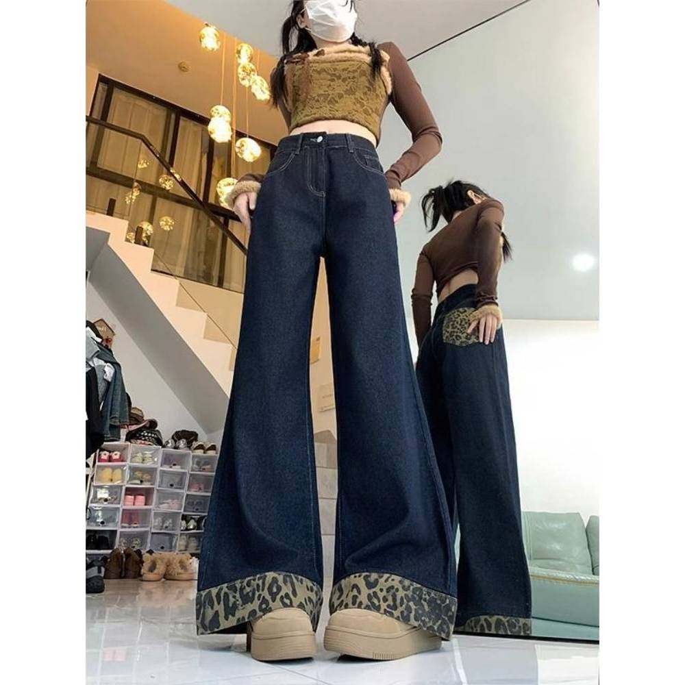 美式复古卷边豹纹格子牛仔裤女春秋季新款宽松显瘦高腰阔腿拖地裤,女装/女士精品,牛仔裤,淘宝优惠券,粉丝福利购,淘宝优惠卷