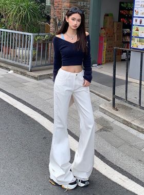 美式白色低腰微喇牛仔裤女春秋新款辣妹不贴宽松显瘦拖地喇叭裤子