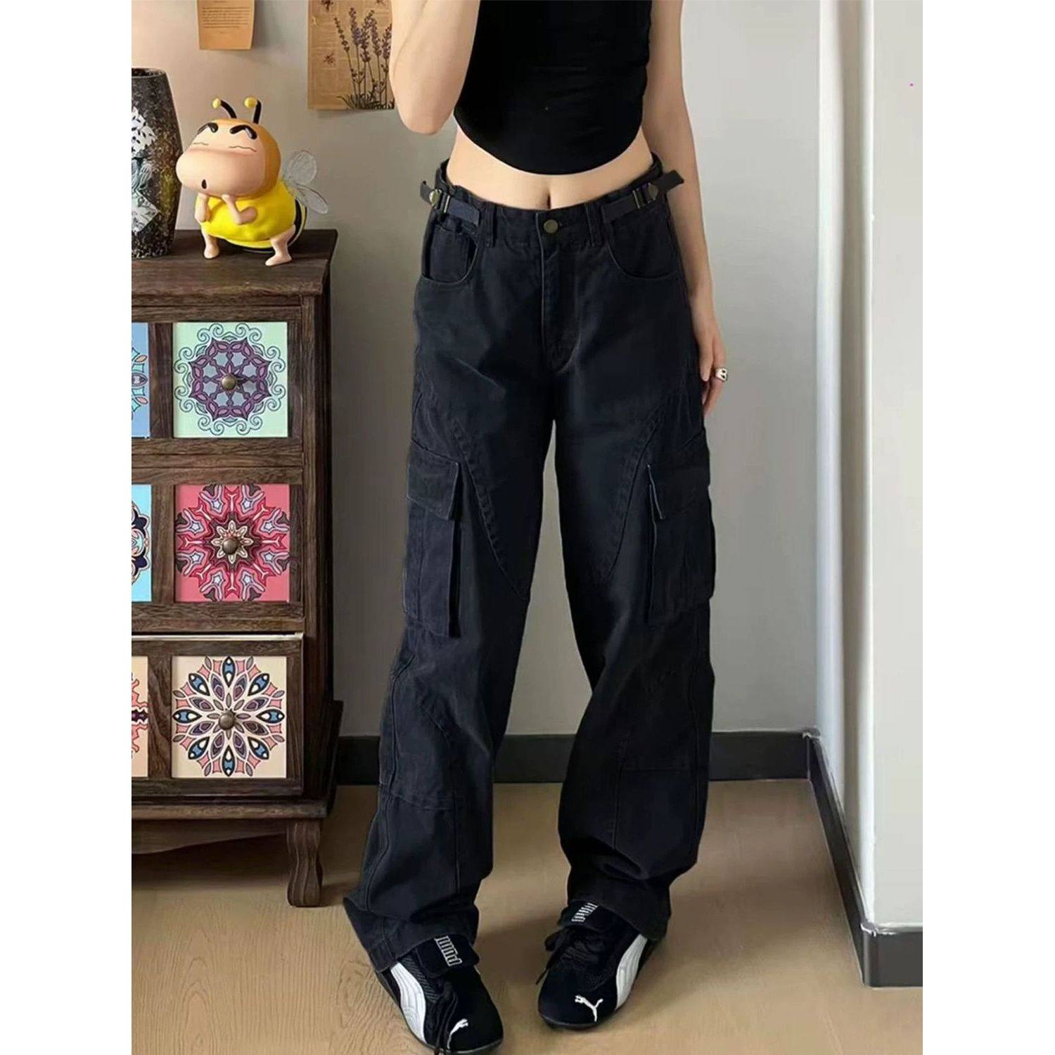 美式高街复古vibe黑色工装裤牛仔裤女春新款宽松高腰直筒拖地裤子,女装/女士精品,牛仔裤,淘宝优惠券,粉丝福利购,淘宝优惠卷