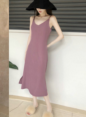 春夏温柔法式小众复古气质女轻熟吊带连衣裙v领紫色2024内搭长裙