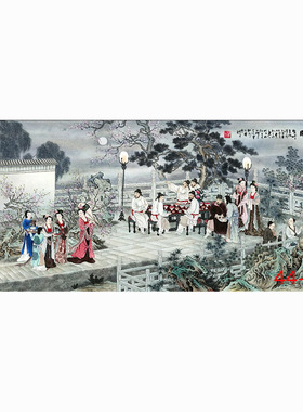 新中式国画人物画绢布字画酒店餐饮火锅墙壁画墙面贴画挂画夜宴图