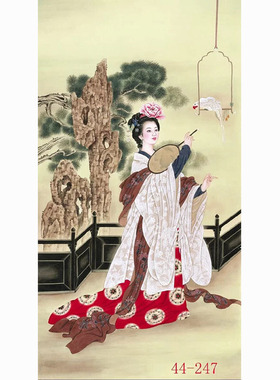 国画人物画绢布字画客厅餐厅沙发背景墙墙面贴画挂画古代贵妇逗鸟