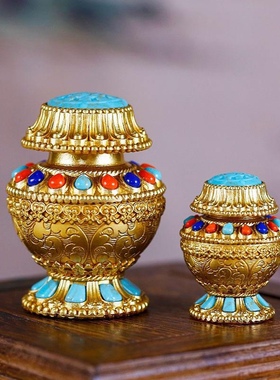 纯铜黄财神宝瓶摆件藏式密宗供佛宝瓶壶 佛堂八吉祥龙王宝瓶