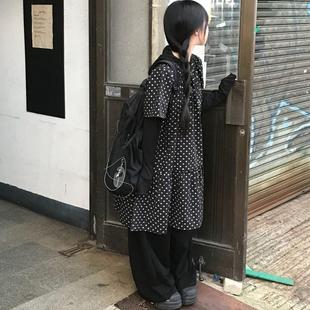 小黑裙 叠穿日系宽松圆领短袖 预习春天 复古波点印花蓬蓬连衣裙
