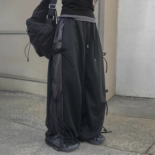 预习秋天 芭蕾风蕾丝花边休闲裤 松紧腰运动直筒显瘦百搭黑色长裤