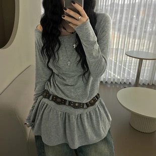 芭蕾风休闲圆领百搭宽松上衣 T恤 秋天日记 露肩皱褶荷叶边长袖