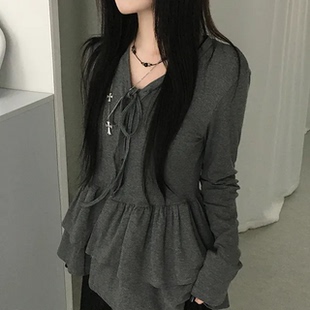 甜美休闲百搭宽松系带上衣 T恤 预习秋天 芭蕾风荷叶边系带V领长袖