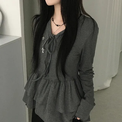 预习秋天 芭蕾风荷叶边系带V领长袖T恤 甜美休闲百搭宽松系带上衣