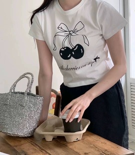 短款 芭蕾少女风格 ins修身 樱桃蝴蝶结印花短袖 圆领正肩上衣 T恤