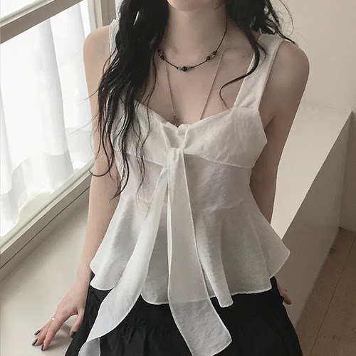 夏日小记 设计感绑带蝴蝶结吊带小衫 法式纯欲风百搭背心无袖上衣