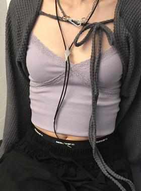 春天记事簿 豆沙紫蕾丝小吊带+灰色系带开衫 少女感休闲宽松上衣