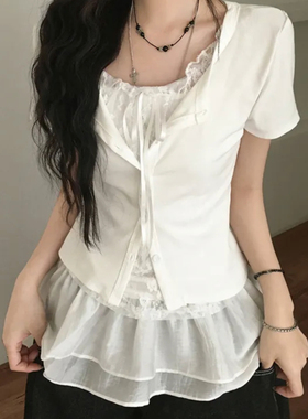 夏日小记 芭蕾风蕾丝系带短袖T恤 纯欲风辣妹短款百搭白色上衣