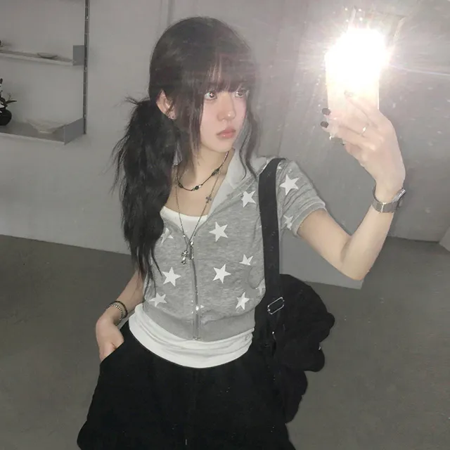 夏日小记 复古星星印花拉链连帽上衣 美式甜酷辣妹修身短袖开衫