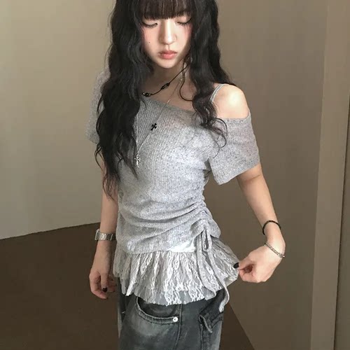 夏日小记 蝴蝶结抽褶蕾丝两件套 纯欲风辣妹短袖露肩上衣+吊带