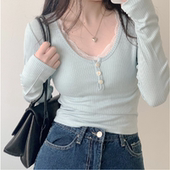 长袖 奶油薄荷 T恤 防晒上衣 圆领纽扣温柔修身 少女感 纯欲薄款