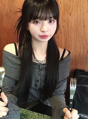 春天记事簿 条纹一字领露肩长袖T恤 纯欲风辣妹甜酷休闲百搭上衣