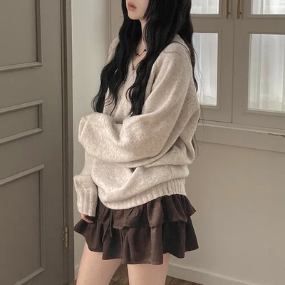 秋天日记 复古纯色V领针织衫毛衣 日系休闲减龄套头宽松长袖上衣