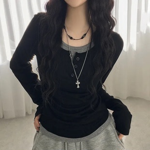 秋天日记 纽扣圆领假两件长袖T恤 甜酷辣妹风拼接修身百搭上衣