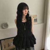 背心裙 夏日小记 芭蕾风裙摆拼接无袖 百搭显瘦黑色荷叶边宽松上衣