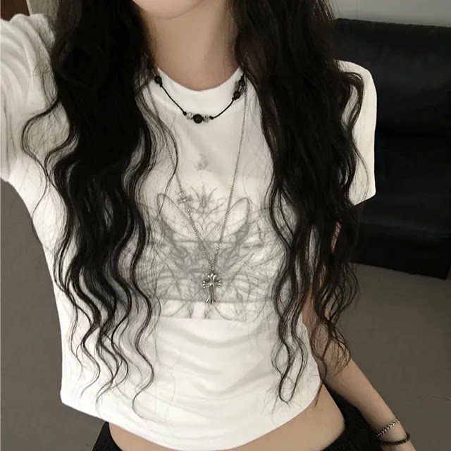 夏日小记 美式涂鸦印花圆领短袖T恤 甜酷系辣妹显瘦百搭短款上衣