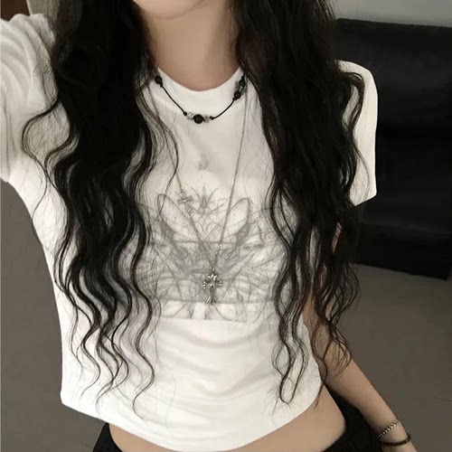 夏日小记 美式涂鸦印花圆领短袖T恤 甜酷系辣妹显瘦百搭短款上衣