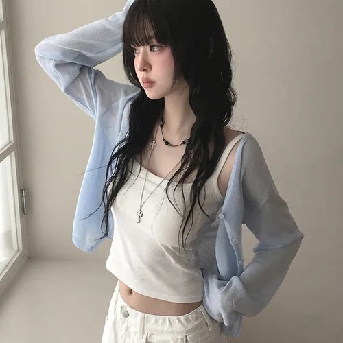 夏日小记 清凉透视薄针织开衫 防晒温柔宽松百搭长袖上衣外搭罩衫