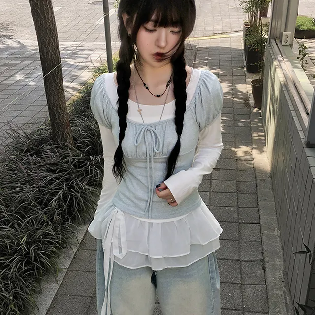 秋天日记 蝴蝶结系带泡泡袖针织长袖T恤 芭蕾学院风百搭显瘦上衣