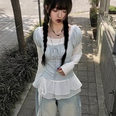 秋天日记 芭蕾学院风百搭显瘦上衣 T恤 蝴蝶结系带泡泡袖 针织长袖