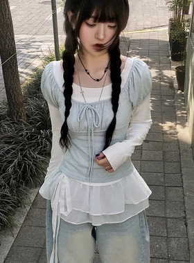 秋天日记 蝴蝶结系带泡泡袖针织长袖T恤 芭蕾学院风百搭显瘦上衣