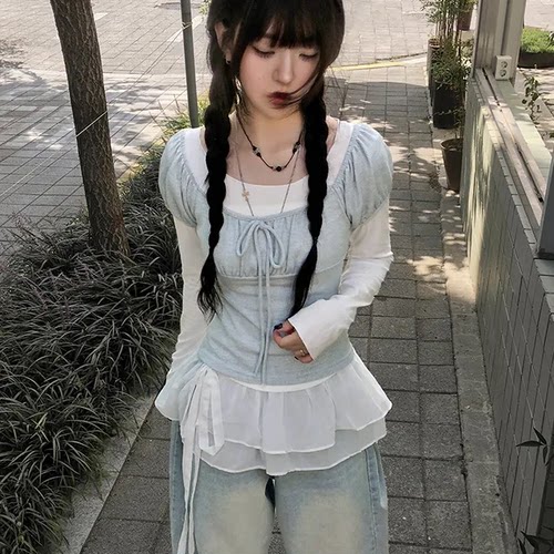 秋天日记 蝴蝶结系带泡泡袖针织长袖T恤 芭蕾学院风百搭显瘦上衣