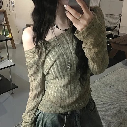 夏日小记 破洞设计透视防晒长袖T恤 纯欲风辣妹修身显瘦薄款上衣