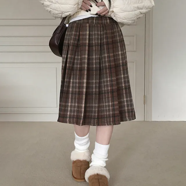 浪漫圣诞月 复古毛呢百褶格纹A字半身裙 显瘦高腰百搭中长格子裙,女装/女士精品,半身裙,淘宝优惠券,粉丝福利购,淘宝优惠卷